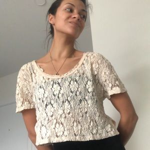 Free People Cream Lace Short Sleeved Top XS
